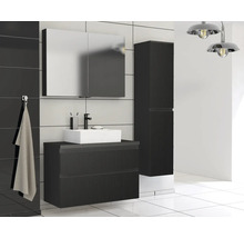 Badkamer met wastafelonderkast, spiegelkast en hoge kast in donkere look en opzetwastafel.
