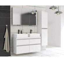 Moderne badkamerset met wastafelonderkast, twee wastafels, spiegelkast en hoge kast