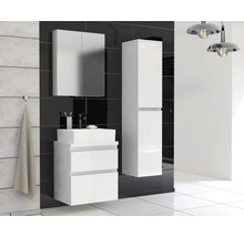 Moderne badkamerset met wastafel, spiegelkast en hoge kast in wit