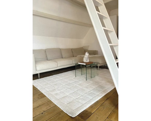 Woonkamer met bank, glazen bijzettafel, wit tapijt en ladder