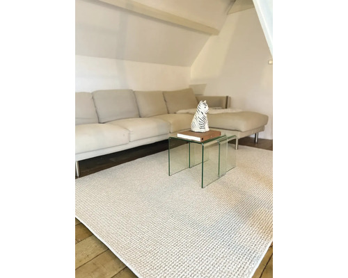 Woonkamer met bank, glazen bijzettafels en lichtgekleurd tapijt