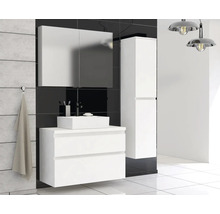 Moderne badkamer met witte wastafelonderkast, spiegelkast en hoge kast voor een zwarte wand