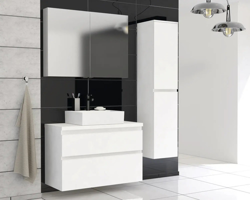 Moderne badkamer met witte wastafelonderkast, spiegelkast en hoge kast voor een zwarte wand