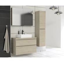 Moderne badkamer met wastafelonderkast, spiegelkast en hoge kast in houtlook