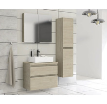 Lichte badkamer met wastafelonderkast, spiegelkast en hoge kast voor badkameraccessoires