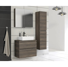 Moderne badkamer met wastafel, spiegelkast en hoge kast in houtlook