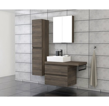Moderne badkamer met wastafel, spiegelkast en hoge kast in houtlook