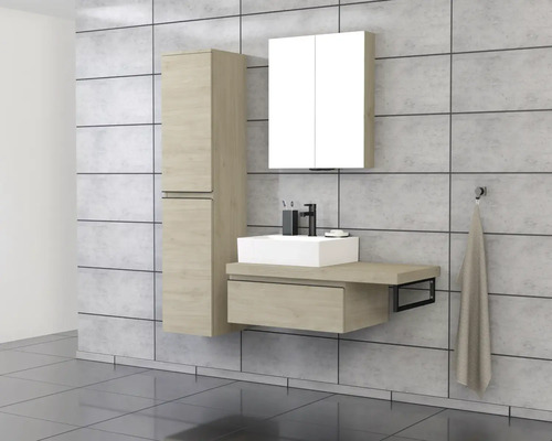 Badkamer met wastafel, spiegelkast en hoge kast voor tegelwand