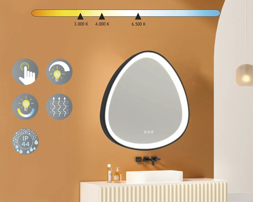 Verlichte spiegel in badkamer met aanraakfunctie, instelbare kleurtemperatuur, verwarmingsfunctie en IP44 beschermingsgraad.