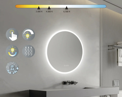 Ronde spiegel met ledverlichting aan een badkamermuur met wastafel en kraan en symbolen voor functies.