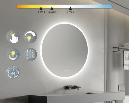 Ronde spiegel met ledverlichting in de badkamer. Touchfunctie, instelbare lichtintensiteit, instelbare kleurtemperatuur. IP44: Beschermd tegen spatwater vanuit alle richtingen.