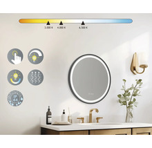 Ronde badkamerspiegel met ledverlichting, aanraakfunctie, dimmerfunctie, verwarmingsfunctie en beschermingsklasse IP44 in een badkamer