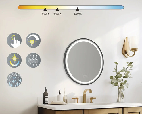 Ronde badkamerspiegel met ledverlichting, aanraakfunctie, dimmerfunctie, verwarmingsfunctie en beschermingsklasse IP44 in een badkamer