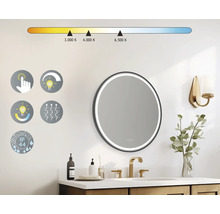 Badkamer met ronde spiegel, temperatuurregeling, aanraaksensor, dimmerfunctie, anticondensfunctie en beschermingsklasse IP44.