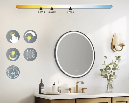Badkamer met ronde spiegel, temperatuurregeling, aanraaksensor, dimmerfunctie, anticondensfunctie en beschermingsklasse IP44.