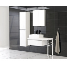 Badkamer met wastafel, onderkast, spiegelkast en hoge kast tegen een donkere wand