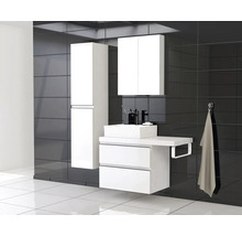 Moderne badkamer met wastafelonderkast, spiegelkast en hoge kast.