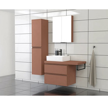 Moderne badkamer met wastafel, spiegelkast en hoge kast voor een wit betegelde muur