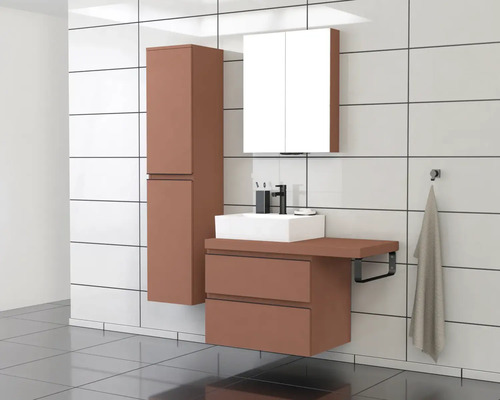 Moderne badkamer met wastafel, spiegelkast en hoge kast voor een wit betegelde muur
