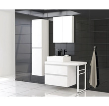 Moderne badkamer met wastafel, onderkast, spiegelkast en hoge kast tegen een donkere wand