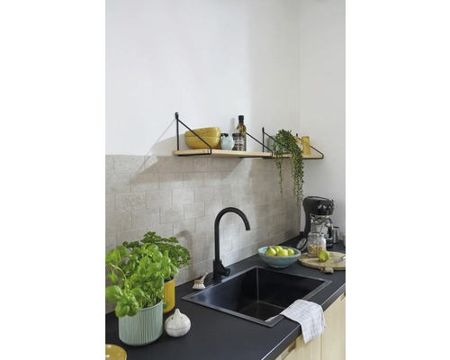 Keukenscène met gootsteen, kraan, planken en decoratie