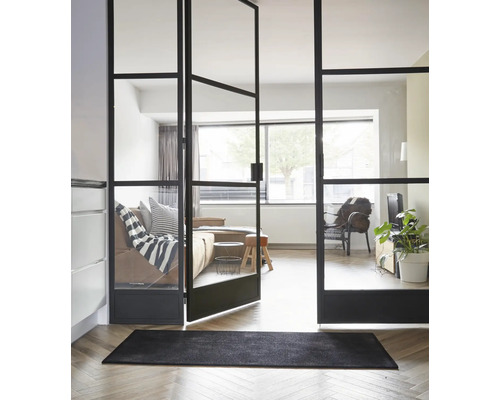 Kamerzicht met stalen deur met glazen inzet, bank, fauteuil, plant en tapijt