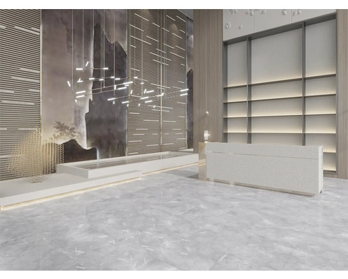 Interieur met receptie, planken en vloertegels