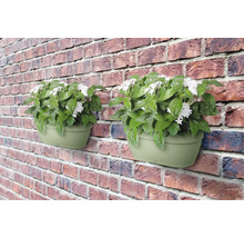 Twee wandbloembakken met witte bloemen en groene bladeren aan een bakstenen muur