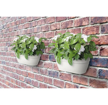 Twee witte wandbloembakken met planten op een bakstenen muur