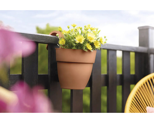 Bloempot met gele bloemen aan een balkonreling