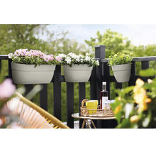 Scene met balkonbakken met bloemen, tafel en drankjes