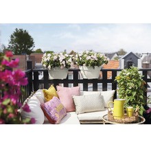 Gedecoreerd balkon met bloemen, kussens en tafel