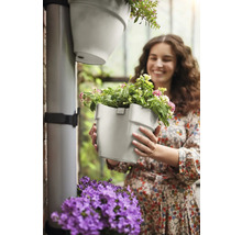 "Vrouw houdt een grijze bloempot met bloemen in haar handen