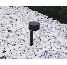 Zwarte solarlamp in de tuin tussen witte stenen