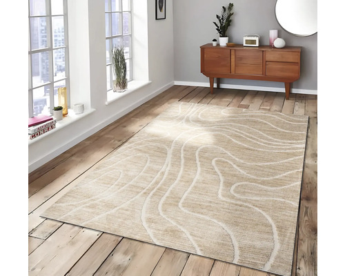 Beige tapijt met abstract patroon in een woonkamer