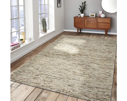 Een kamer met houten vloer en een rechthoekig vloerkleed