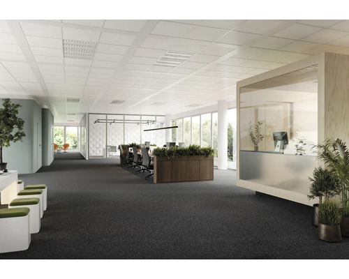 Licht kantoor met verlaagd plafond, tapijttegels en kantoormeubilair