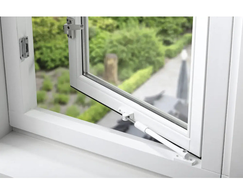 Gekanteld wit raam met beslag en uitzicht op groen