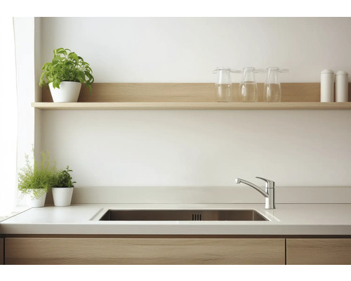 Keuken spoelbak met kraan, werkblad, plank, planten en glazen