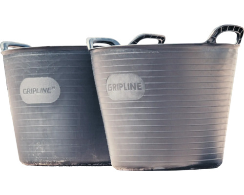 Twee grijze speciekuipen met handgrepen en Gripline logo.