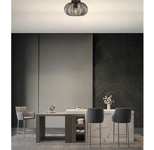 Interieurfoto van een eetgedeelte met een metalen plafondlamp
