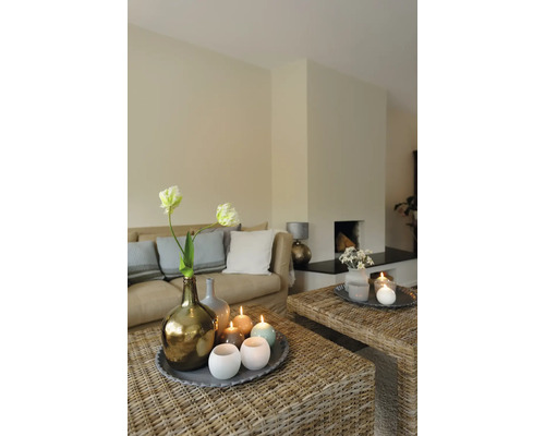 Woonkamer met bank, salontafels, open haard en decoratieartikelen zoals kaarsen en bloemenvazen