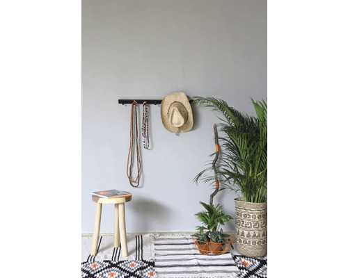 Decoratief interieur met kruk, vloerkleed, planten en wandkapstok