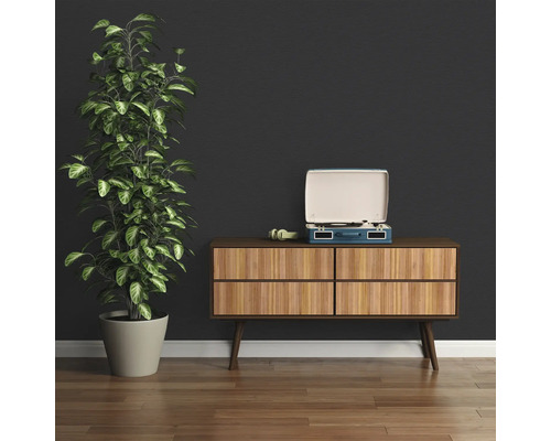 Interieurscène met dressoir, platenspeler en kamerplant.