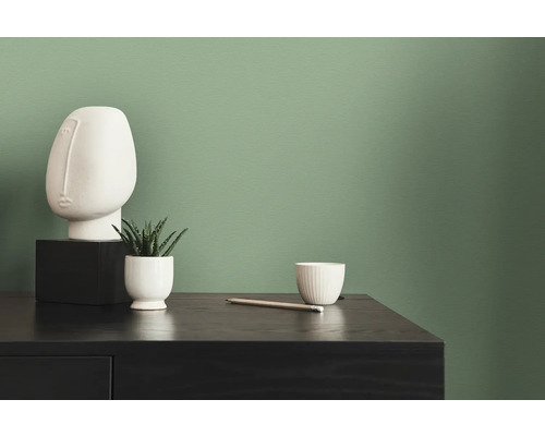 Decoratief wit beeld, kamerplant en schaal op een zwart dressoir voor een groene wand