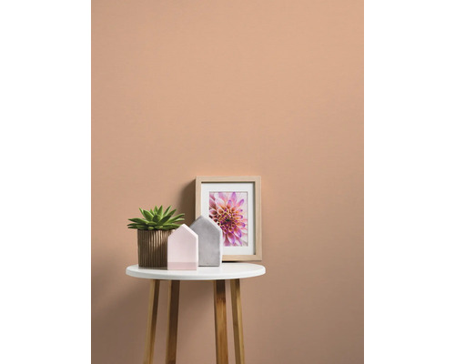 Decoratieve scène met kamerplant, huismodellen en ingelijste bloemenfoto op een bijzettafel voor een gekleurde muur