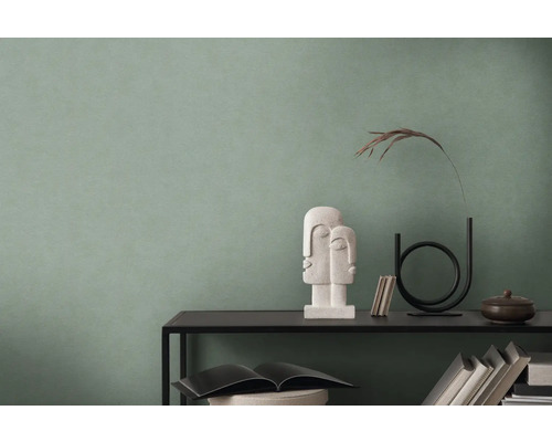 Gezellige kamer met groene muur, versierd met sculptuur en accessoires op een plank.