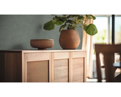 Dressoir met gevlochten patroon aan de voorkant, met daarop een schaal en een pot met een plant