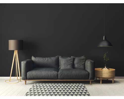 Woonkamer met grijze bank, vloerlamp, hanglamp en tapijt