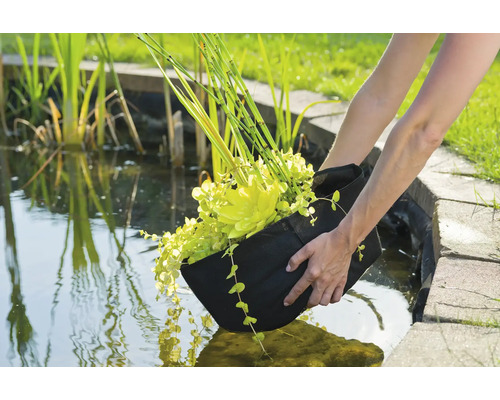 Iemand plaatst een plantenzak met vijverplanten in een tuinvijver.